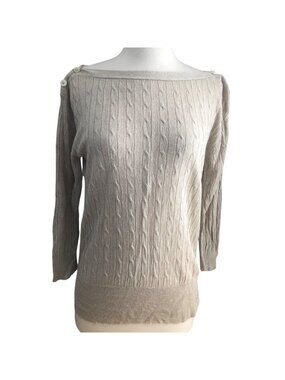 J Crew size S Beige 100% Linen Cable Knit Sweater Buttons 3/4 Sleeve Lightweight